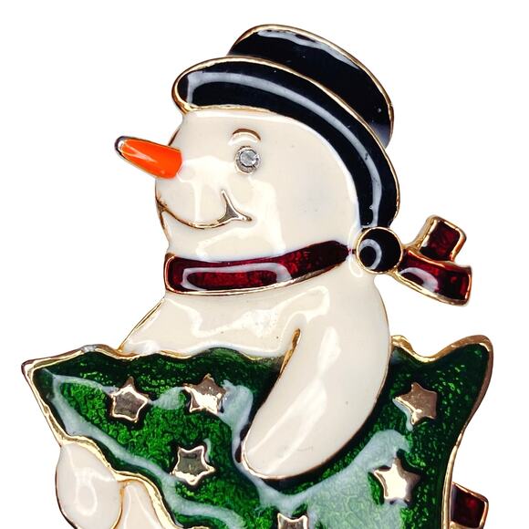 VTG Signed TC Christmas Snowman Enamel Gold Tone Brooch Pin Nostalgic Festive - Picture 3 of 9